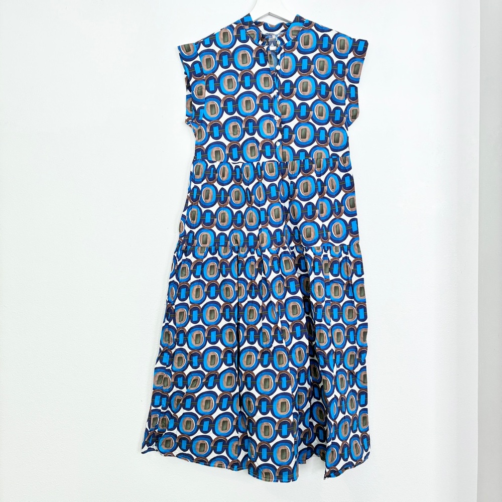 Made in Italy Blue Geometric Print Cotton tiered sleeveless midi dress - Picture 5 of 6